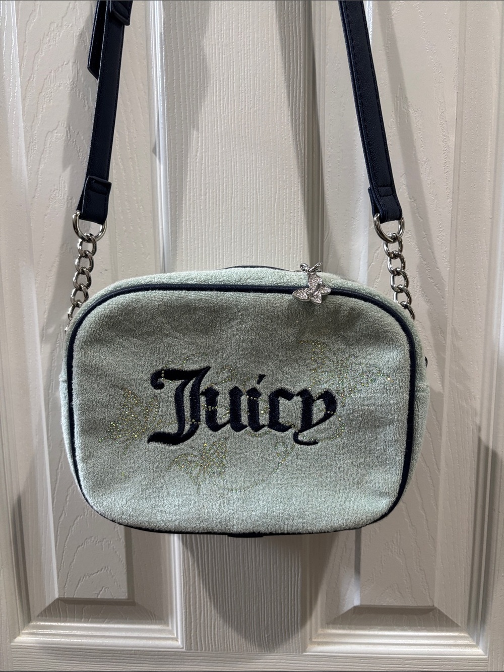 Juicy Couture Baby Blue Terry Cloth Crossbody Bag with Navy Trim